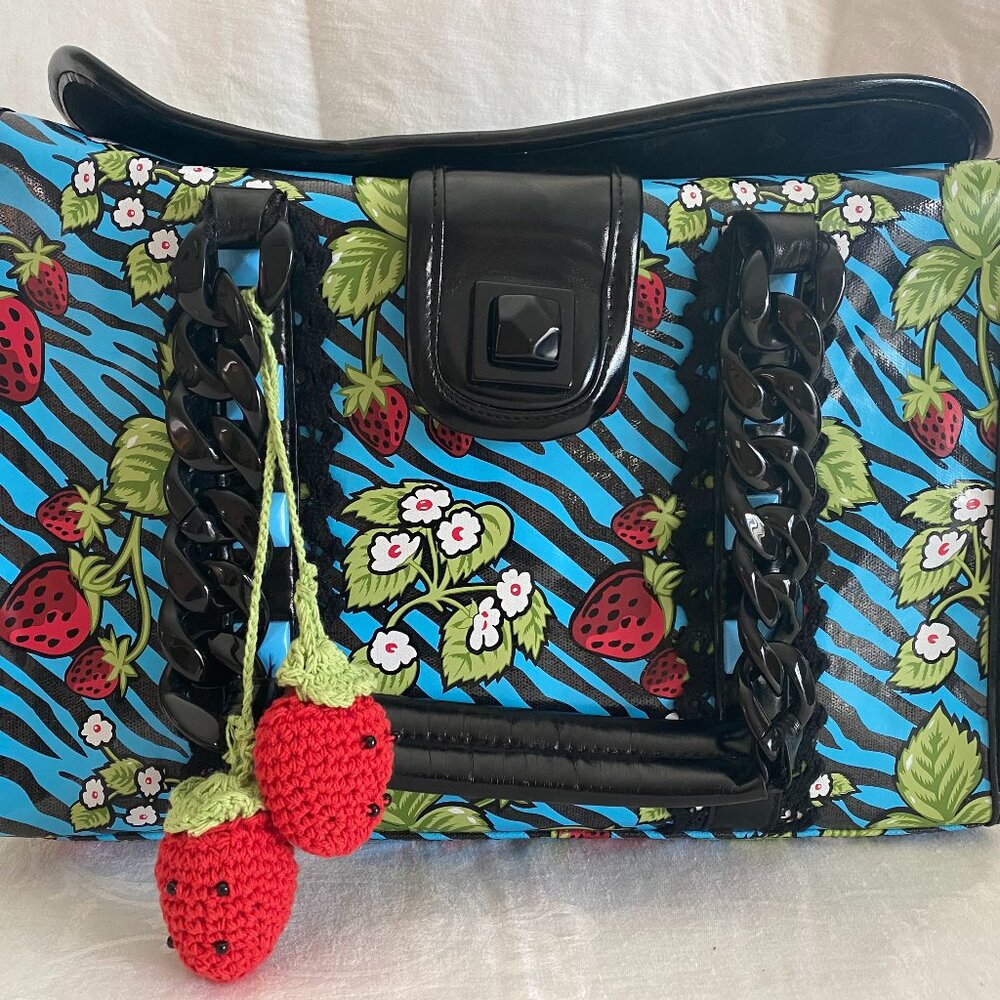 Betsey Johnson Betseyville Strawberry Fields Blue Black Zebra Print Travel Bag